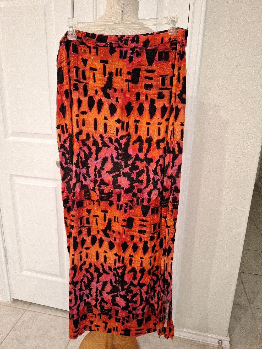 Peruvian Connection Women’s Bright Orange and Black Printed Maxi Skirt